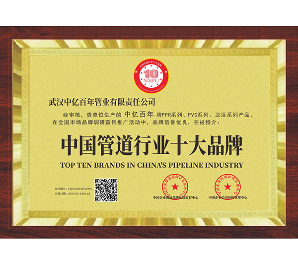中國管道行業十大品牌證書
